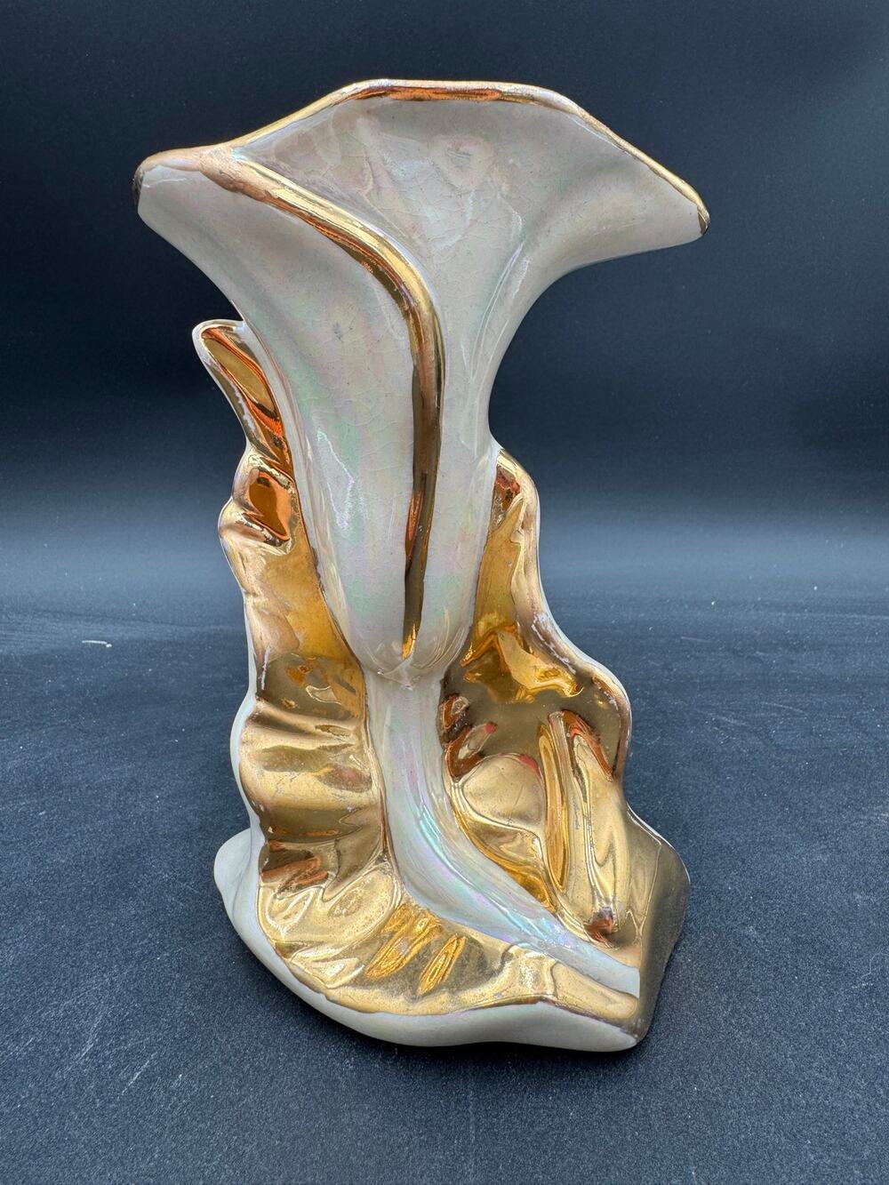 Vintage Vase Pearlescent with Gold Calla Lily Hollywood Regency 22K gold 7"
